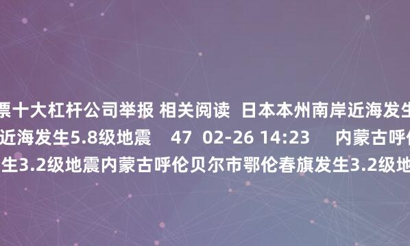 股票十大杠杆公司举报 相关阅读  日本本州南岸近海发生5.8级地震日本本州南岸近海发生5.8级地震    47  02-26 14:23     内蒙古呼伦贝尔市鄂伦春旗发生3.2级地震内蒙古呼伦贝尔市鄂伦春旗发生3.2级地震    0  02-10 18:00     内蒙古阿拉善盟阿拉善右旗发生3.3级地震内蒙古阿拉善盟阿拉善右旗发生3.3级地震    17  02-08 12:02